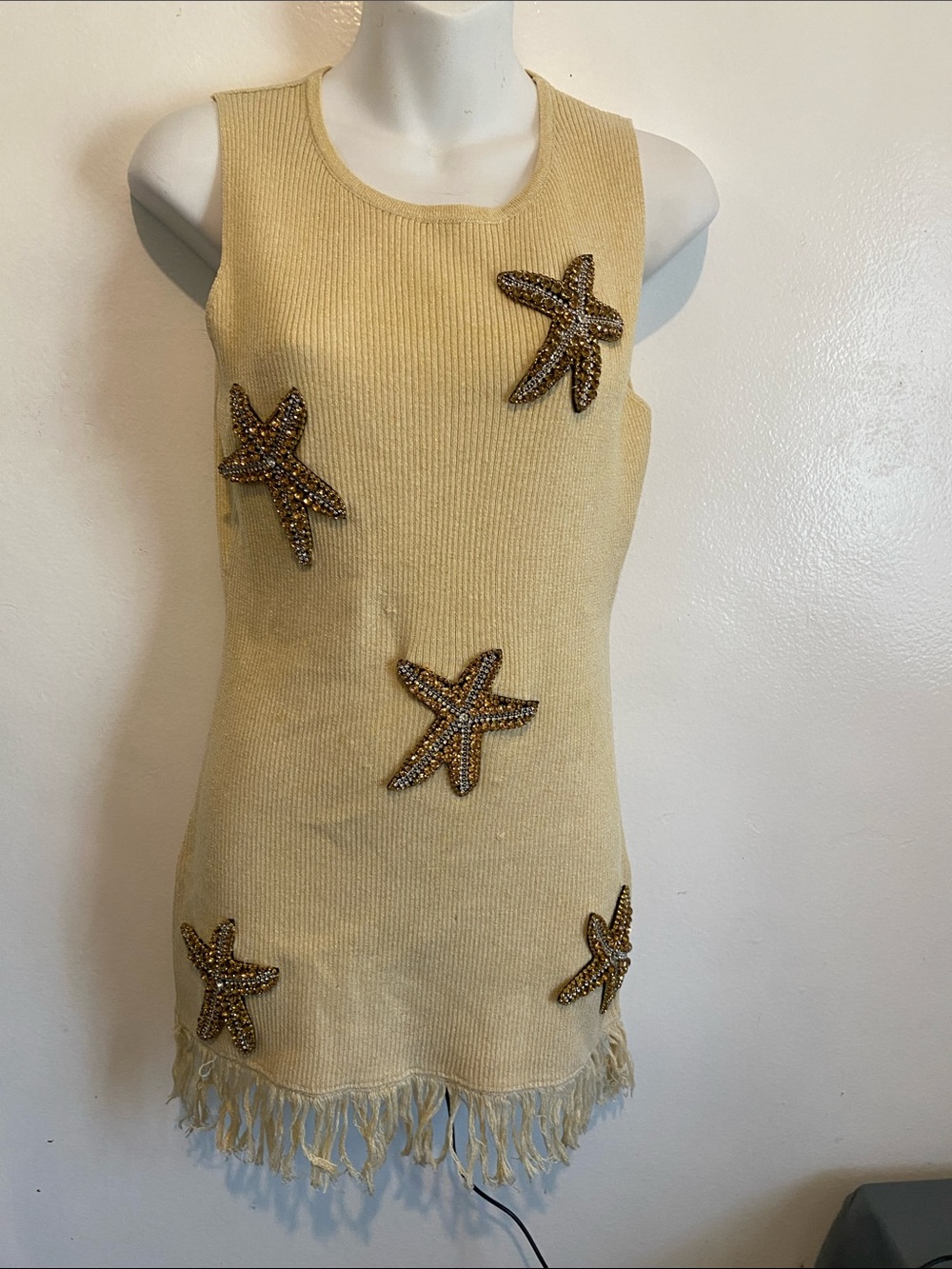 Embellished Starfish Fringe Knit Tank  dress- Cream